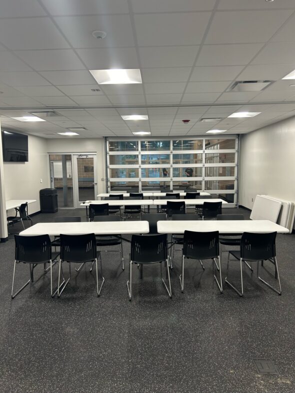 Duemelands Commercial Real Estate Celly Room A and B with three rows of tables and chairs set up